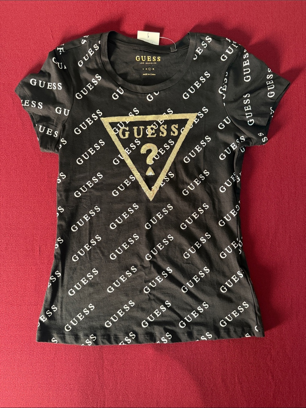 GUESS Black Short Sleeve Logo Tee with Gold Triangle